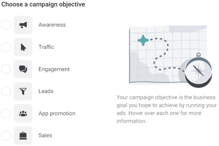 screenshot of Facebook Ads campaign objectives