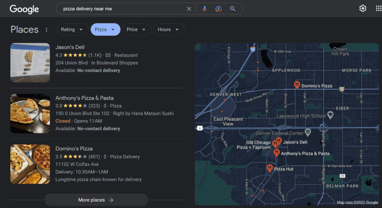 screenshot of pizza restaurants local map pack
