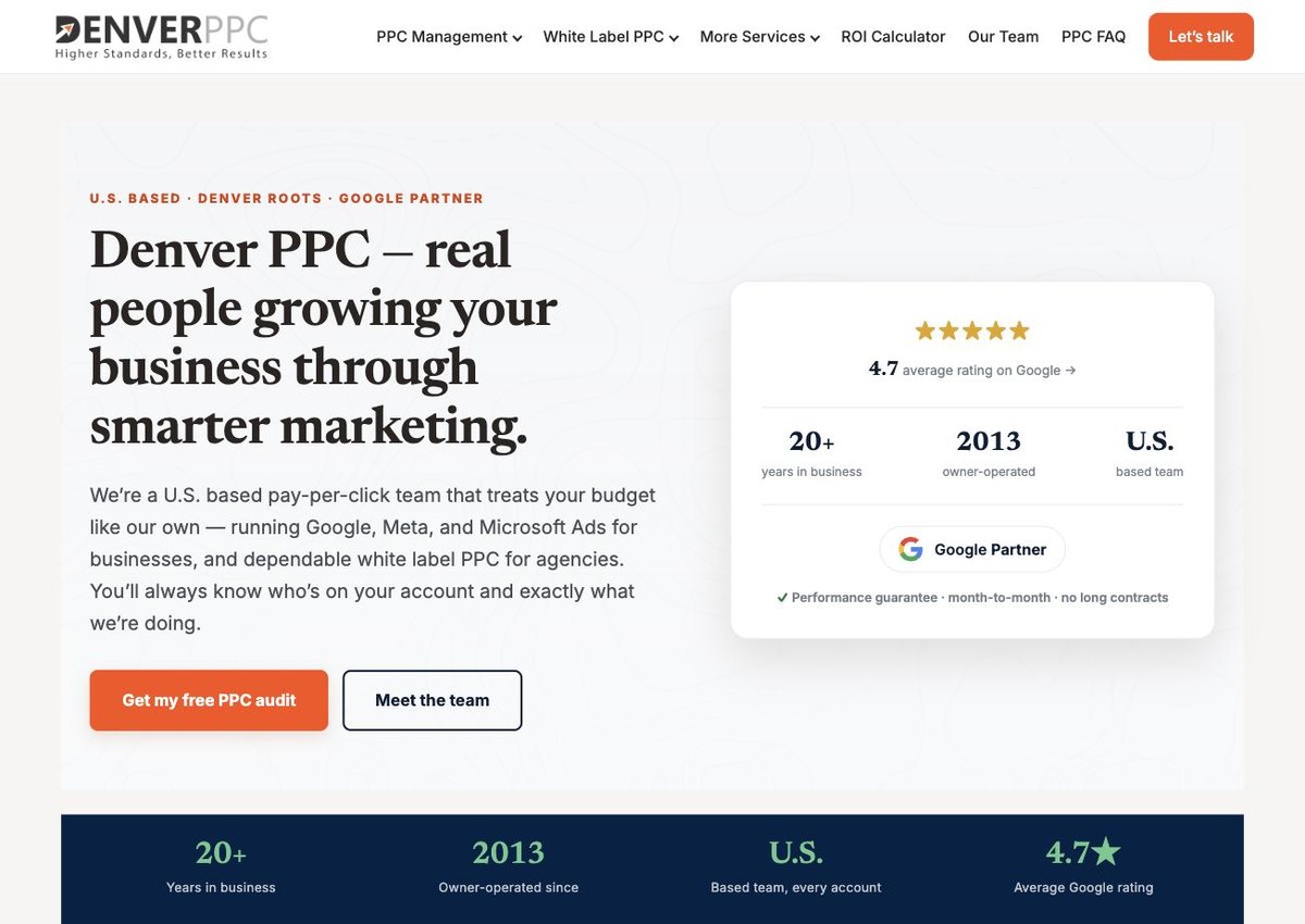 The rebuilt Denver PPC homepage: a serif headline, a proof card showing the Google rating and years in business, and two clear calls to action.