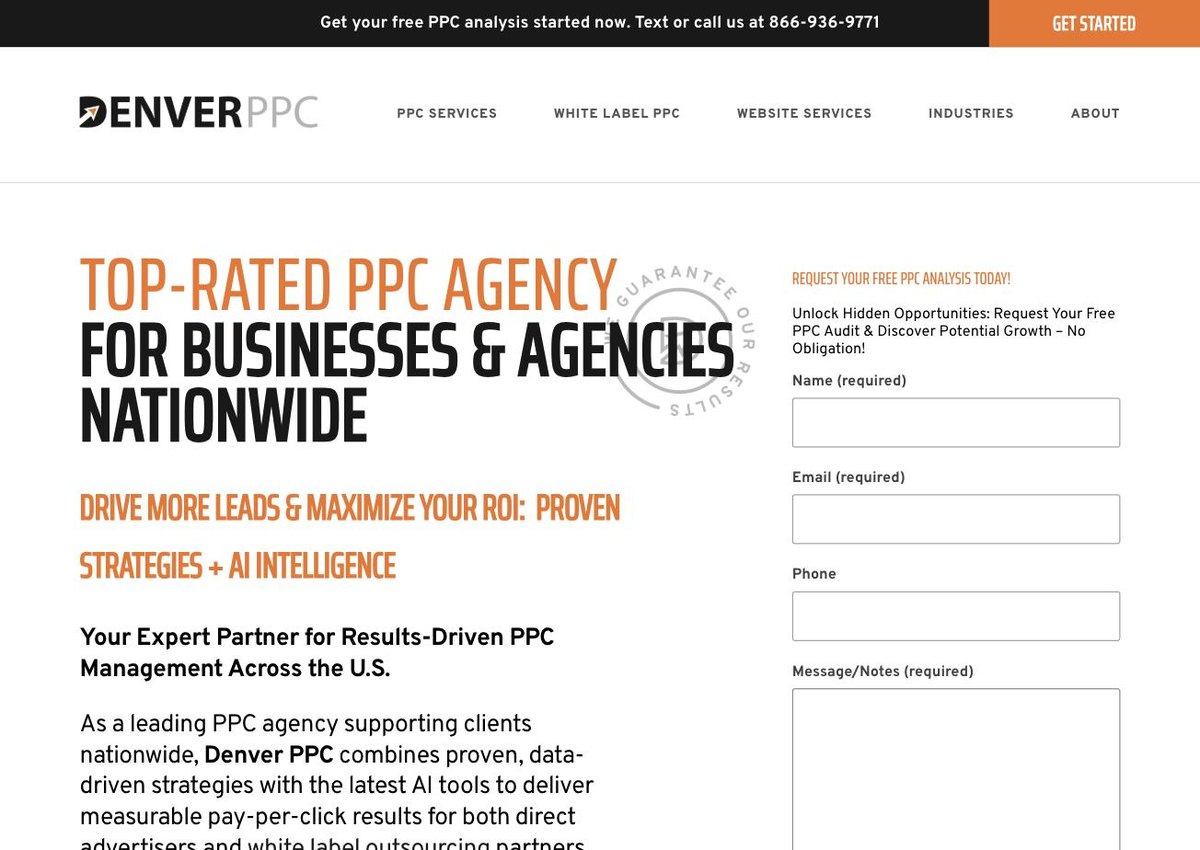 The previous Denver PPC homepage: orange and black condensed capitals, with a lead capture form filling the right half of the hero.
