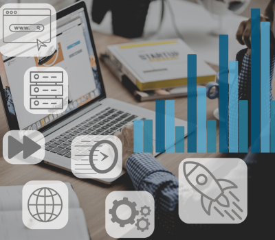 site speed optimization graphic with icons, graph, and laptop