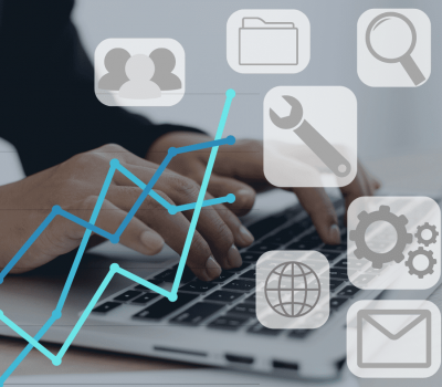 Website hosting graphic with icons, graph, and laptop