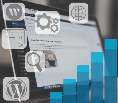 Wordpress management graphic with icons, graph, and laptop